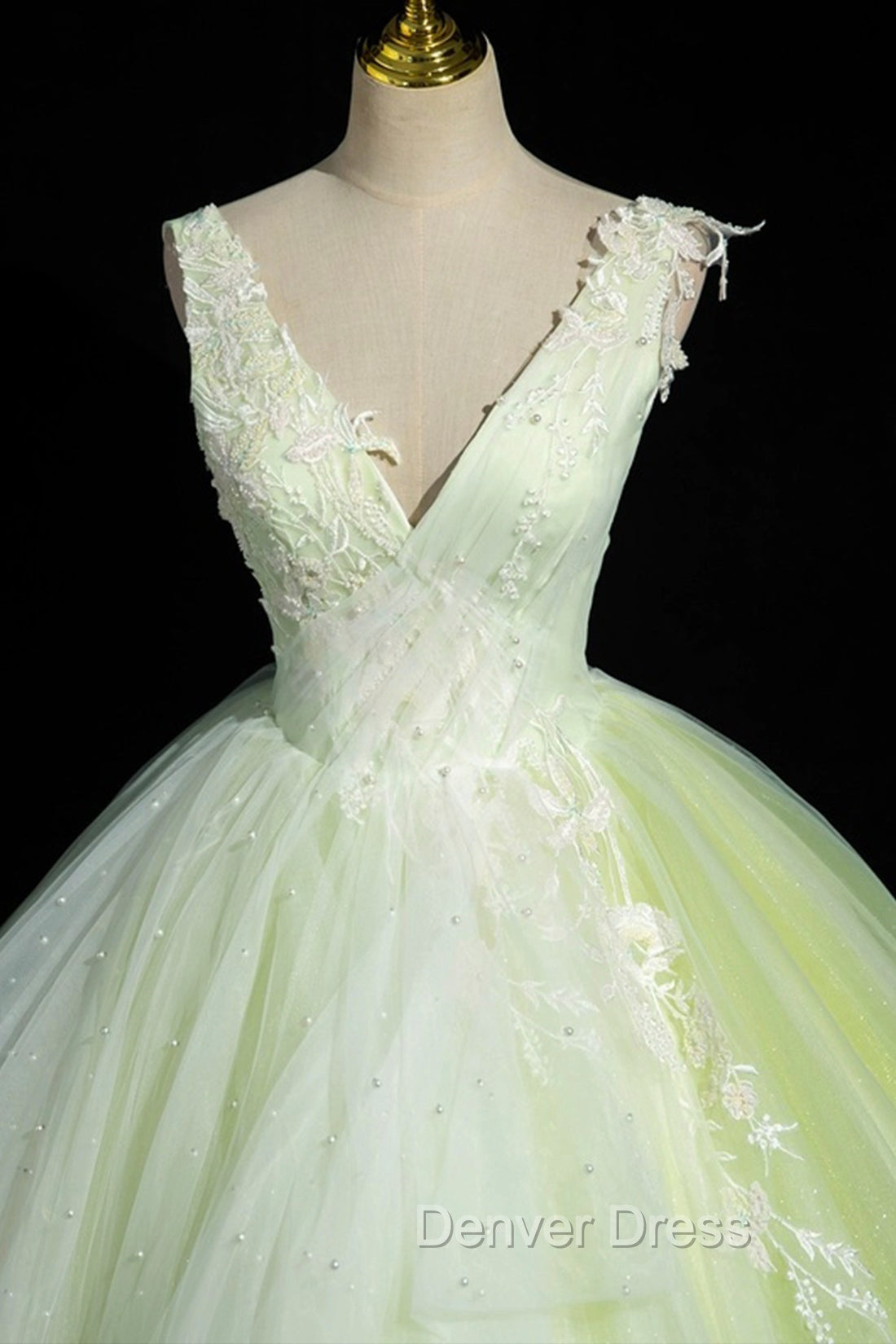Charming Tulle Lace Green Prom Dress, V Neck Sleeveless Floor Length Prom Dresses