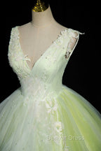 Charming Tulle Lace Green Prom Dress, V Neck Sleeveless Floor Length Prom Dresses