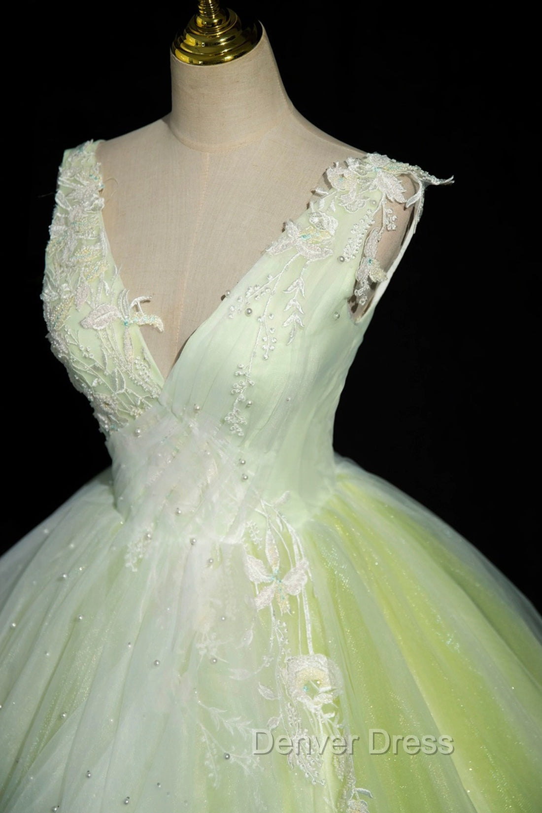 Charming Tulle Lace Green Prom Dress, V Neck Sleeveless Floor Length Prom Dresses