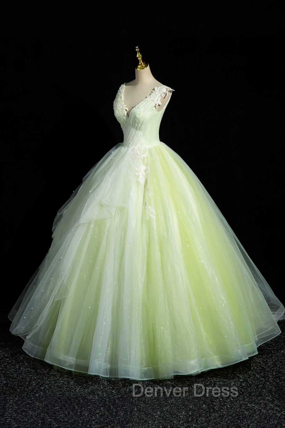 Charming Tulle Lace Green Prom Dresses, V-Neck Sleeveless Floor-Length Formal Evening Dresses