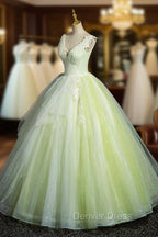 Charming Tulle Lace Green Prom Dress, V Neck Sleeveless Floor Length Prom Dresses
