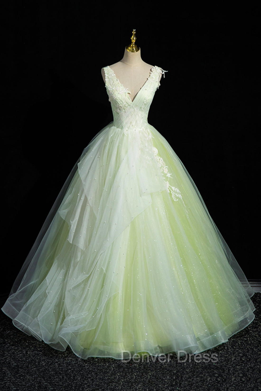 Charming Tulle Lace Green Prom Dress, V Neck Sleeveless Floor Length Prom Dresses