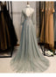 Charming Tulle Long Sleeves Beaded and Lace Long Prom Dresses, A Line Tulle Prom Gowns