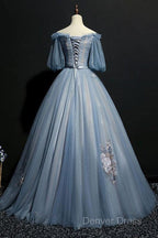 Charming Tulle Puffy Sleeves Long Formal Gown, Prom Dresses