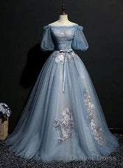 Charming Tulle Puffy Sleeves Long Formal Gown, Prom Dress