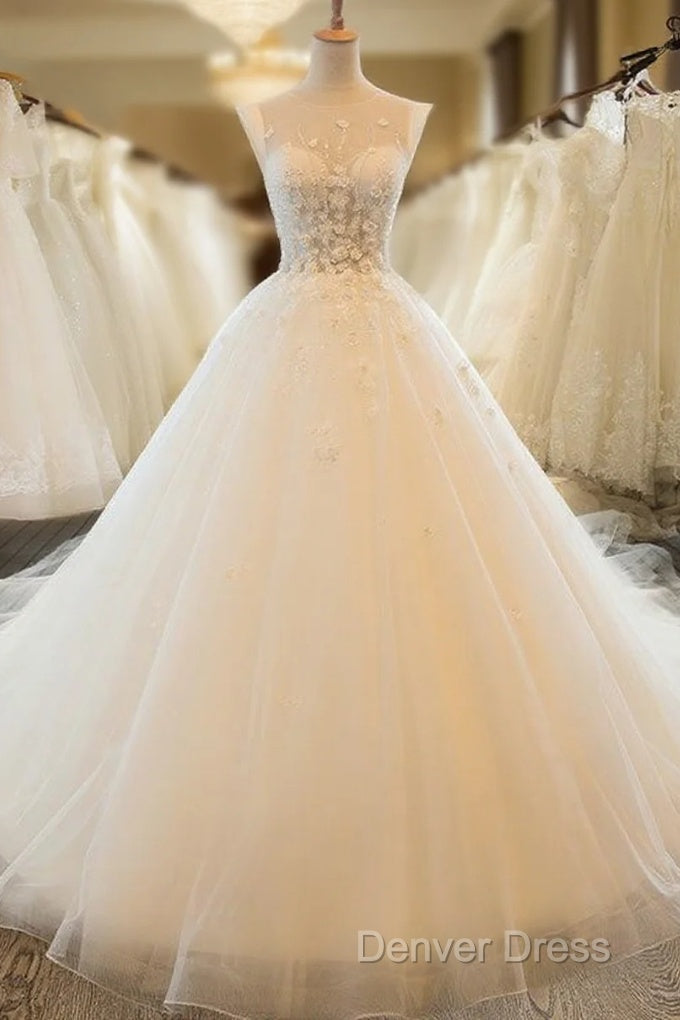 Charming Tulle Wedding Dress, Sexy Ball Gowns Wedding Dress, Scoop Neckline Bridal Dress Prom Dresses