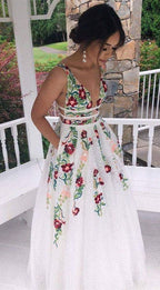 Charming V Neck A Line Prom Dress With Embroidery, Open Back Prom Dresses