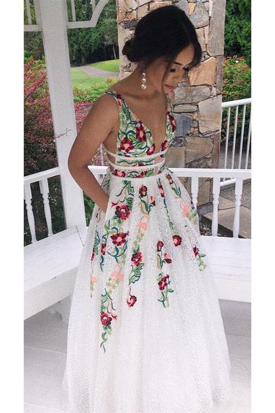 Charming V Neck A Line Prom Dress With Embroidery, Open Back Prom Dresses