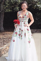 Charming V Neck A Line Prom Dress With Embroidery, Open Back Prom Dresses