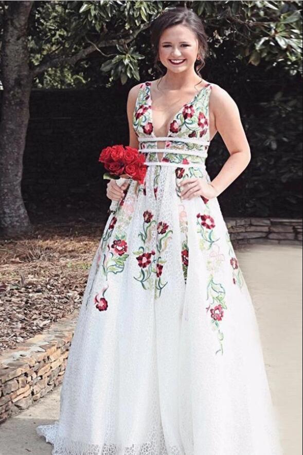 Charming V Neck A Line Prom Dress With Embroidery, Open Back Prom Dresses