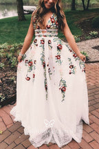 Charming V Neck A Line Prom Dress With Embroidery, Open Back Prom Dresses