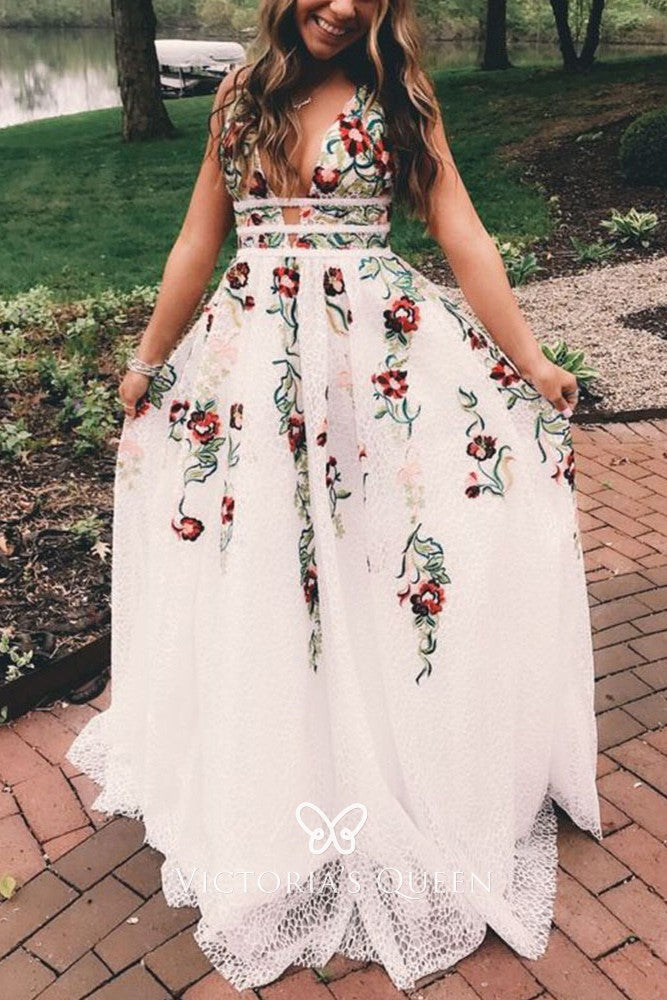 Charming V Neck A Line Prom Dress With Embroidery, Open Back Prom Dresses