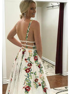Charming V Neck A Line Prom Dress With Embroidery, Open Back Prom Dresses