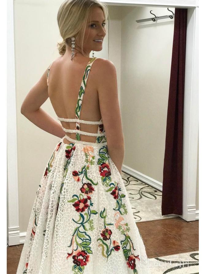 Charming V Neck A Line Prom Dress With Embroidery, Open Back Prom Dresses
