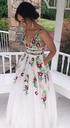 Charming V Neck A Line Prom Dress With Embroidery, Open Back Prom Dresses