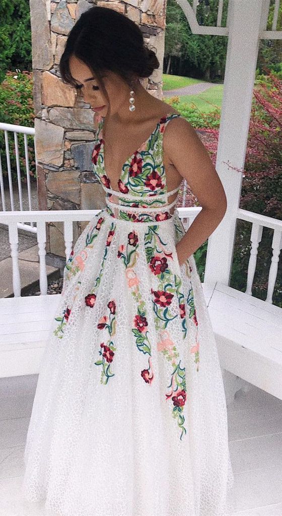 Charming V Neck A Line Prom Dress With Embroidery, Open Back Prom Dresses