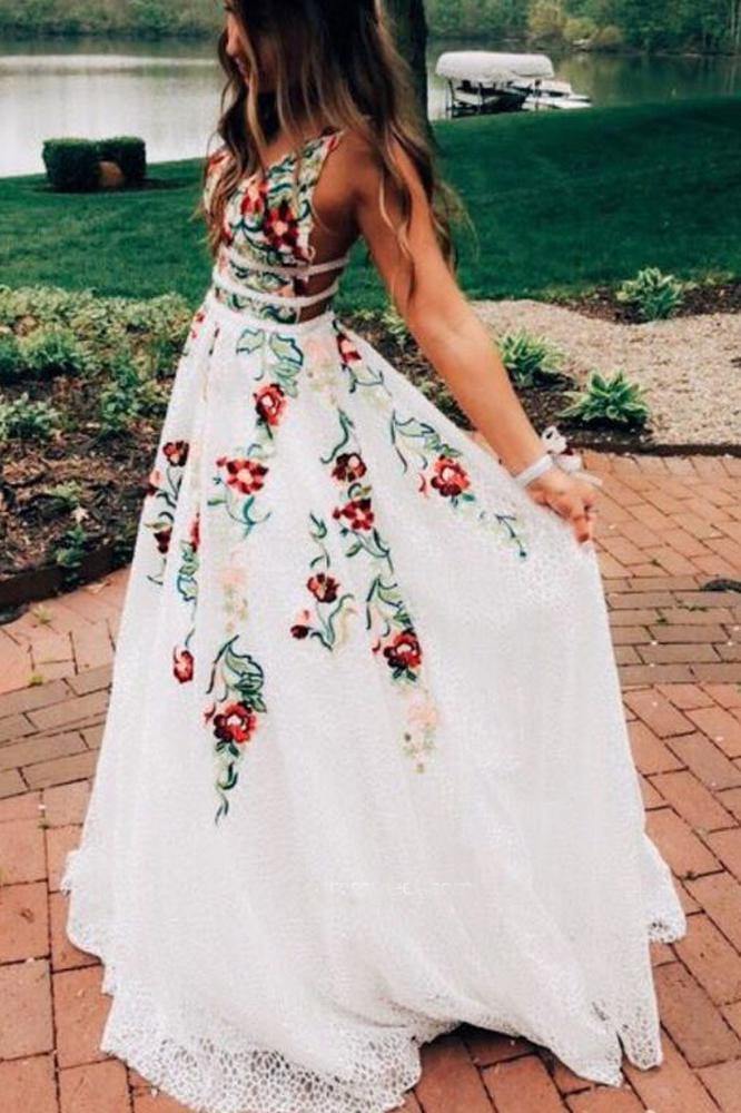 Charming V Neck A Line Prom Dress With Embroidery, Open Back Prom Dresses