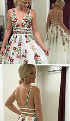 Charming V Neck A Line Prom Dress With Embroidery, Open Back Prom Dresses
