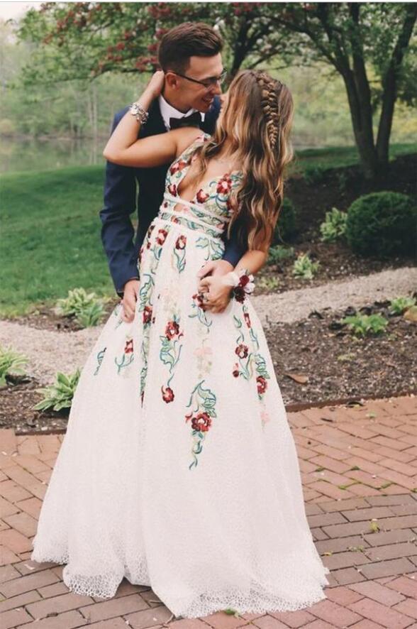 Charming V Neck A Line Prom Dress With Embroidery, Open Back Prom Dresses Main image