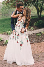 Charming V Neck A Line Prom Dress With Embroidery, Open Back Prom Dresses