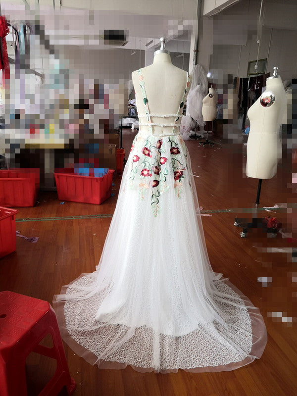 Charming V Neck Floral Embroidery Long Lace Prom Dresses With Pocket