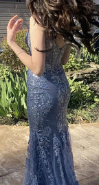Charming V Neck Lace Mermaid Prom Dress Long Prom Dresses