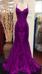 Charming V Neck Lace Mermaid Prom Dress Long Prom Dresses