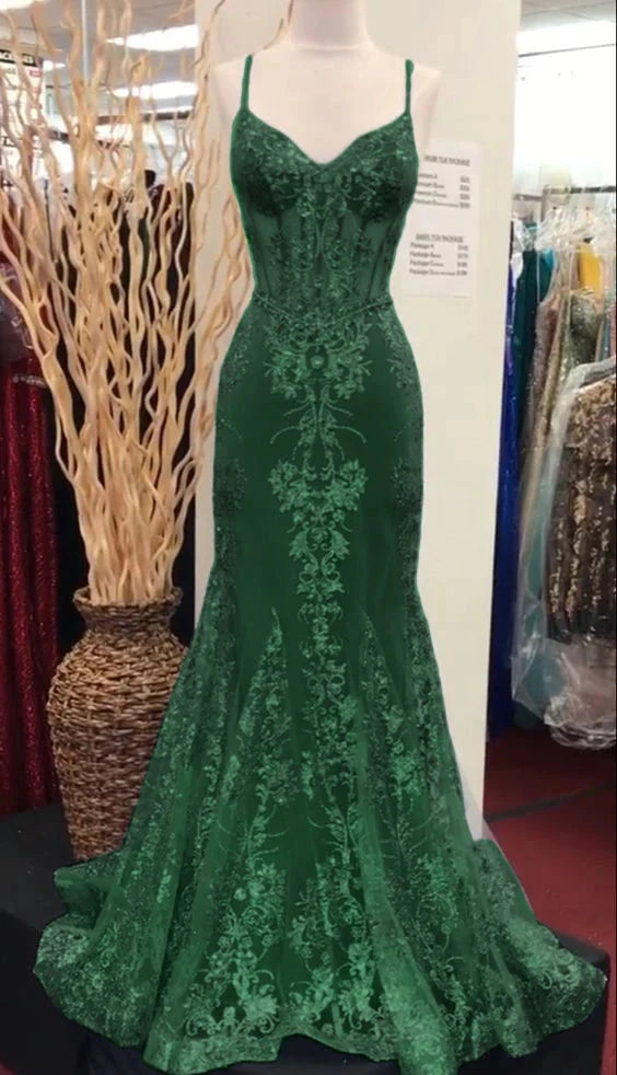 Charming V Neck Lace Mermaid Prom Dress Long Prom Dresses