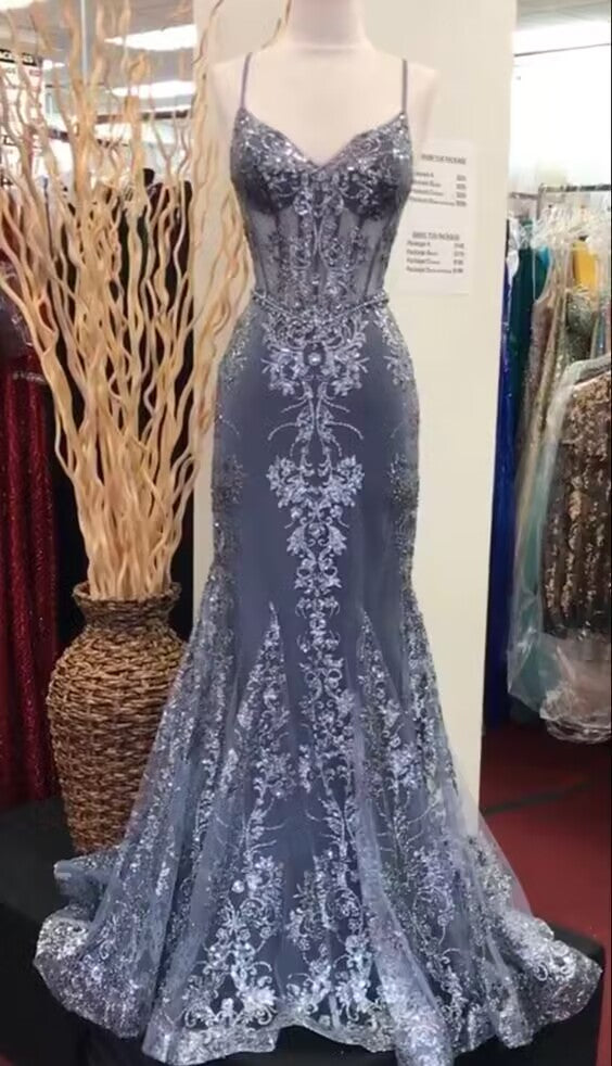 Charming V Neck Lace Mermaid Prom Dress Long Prom Dresses