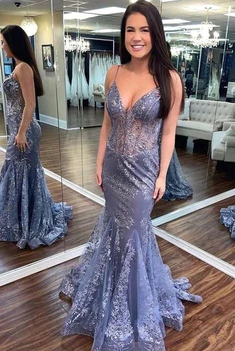 Charming V Neck Lace Mermaid Prom Dress Long Prom Dresses