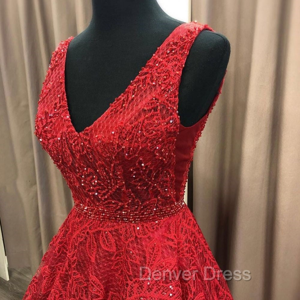 Charming V Neck Sleeveless Prom Gown Affordable Red Lace Beading Long Prom Gowns Secondary image