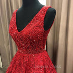 Charming V Neck Sleeveless Prom Gown Affordable Red Lace Beading Long Prom Gowns