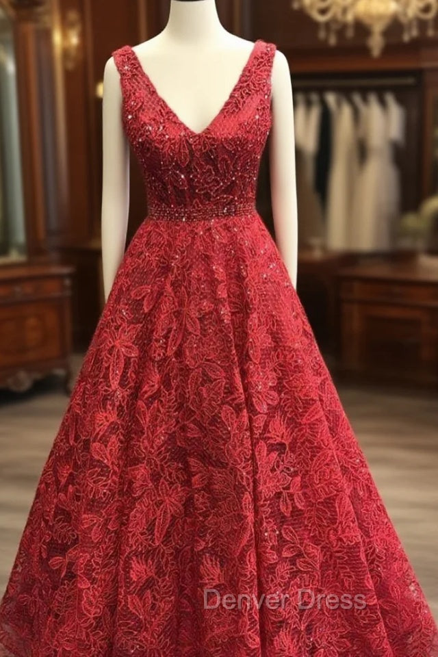 Charming V-neck Sleeveless Prom Party Gowns| Affordable Red Lace Beading Long Prom Gown Main image