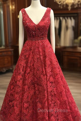 Charming V-neck Sleeveless Prom Party Gowns| Affordable Red Lace Beading Long Prom Gown