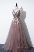 Charming V-neckline Flowers Dark Pink Prom Gown, Long Formal Dresses