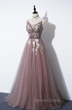 Charming V Neckline Flowers Dark Pink Prom Gowns, Long Prom Dresses