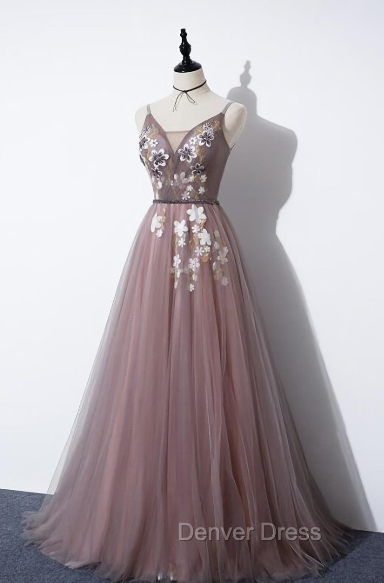 Charming V Neckline Flowers Dark Pink Prom Gowns, Long Prom Dresses