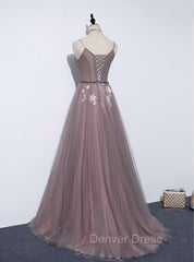 Charming V-neckline Flowers Dark Pink Prom Gown, Long Formal Dresses