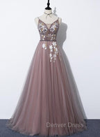 Charming V Neckline Flowers Dark Pink Prom Gowns, Long Prom Dresses