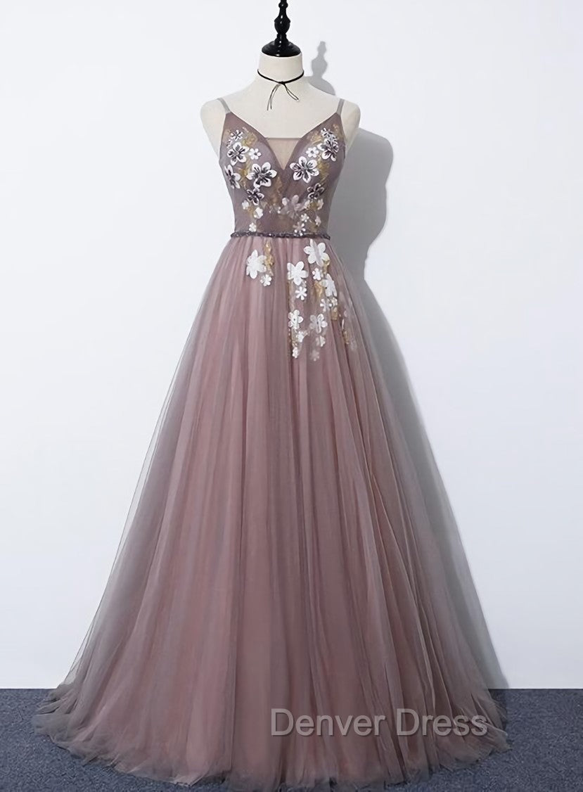 Charming V Neckline Flowers Dark Pink Prom Gowns, Long Prom Dresses