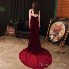 Charming V-Neckline Mermaid Velvet Evening Gown Wedding Party Dress, Dark Red Long Prom Dress