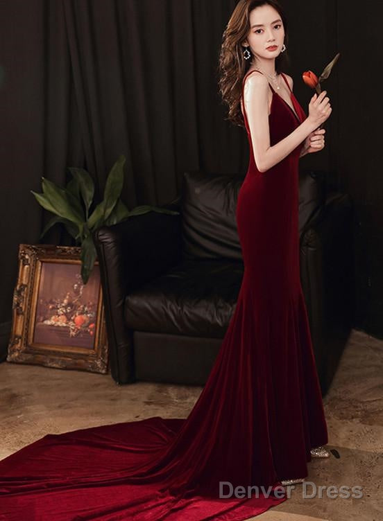Charming V-Neckline Mermaid Velvet Evening Gown Wedding Party Dress, Dark Red Long Prom Dress Main image