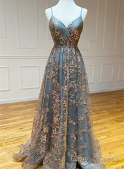 Charming V-Necklinetulle Sequins Long Prom Dress, V-Neck Backless Formal Dress