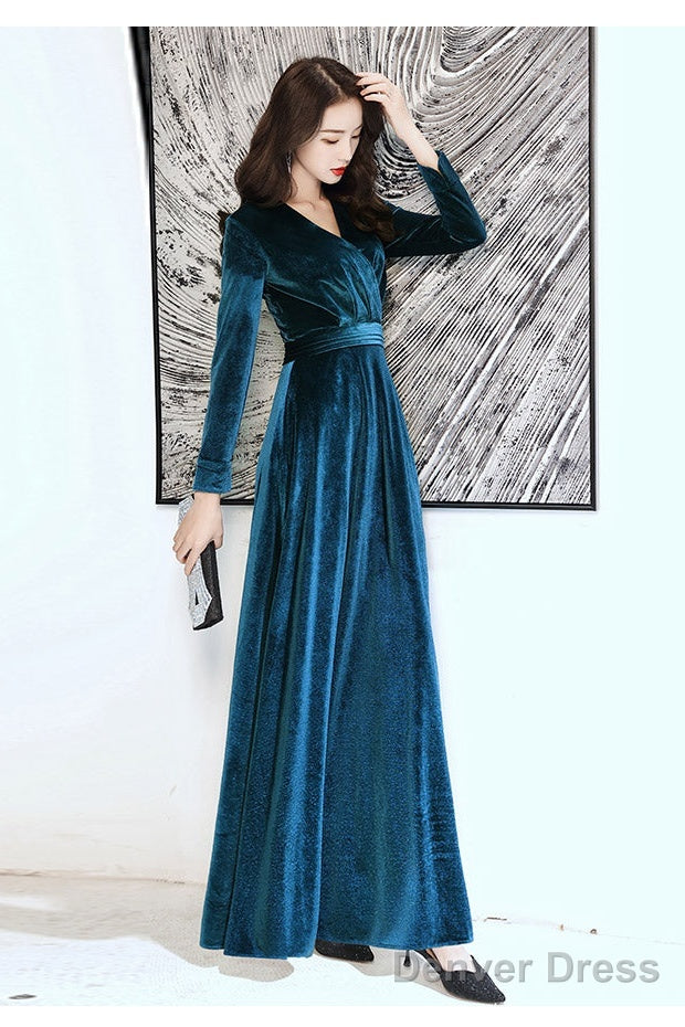 Charming Velvet V-Neckline Simple Long Bridesmaid Dress, Long Sleeves A-Line Prom Dresses