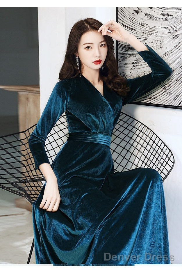 Charming Velvet V-Neckline Simple Long Bridesmaid Dress, Long Sleeves A-Line Prom Dresses