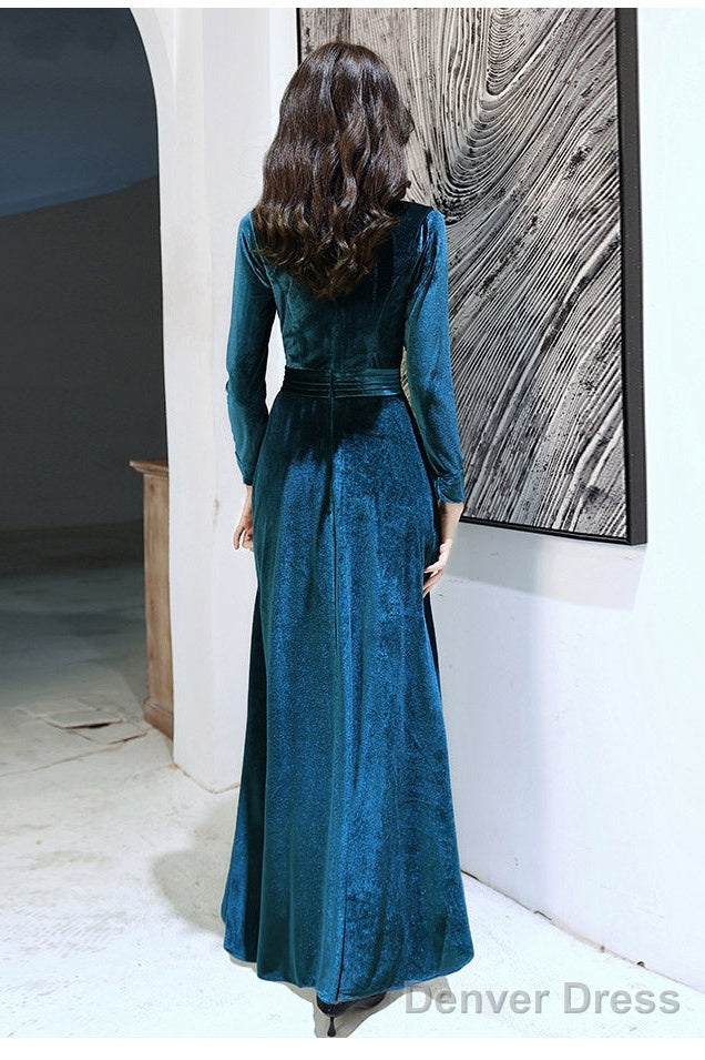 Charming Velvet V-Neckline Simple Long Bridesmaid Dress, Long Sleeves A-Line Prom Dresses