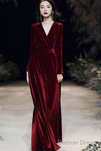 Charming Velvet V-Neckline Simple Long Bridesmaid Dress, Long Sleeves A-Line Prom Dresses