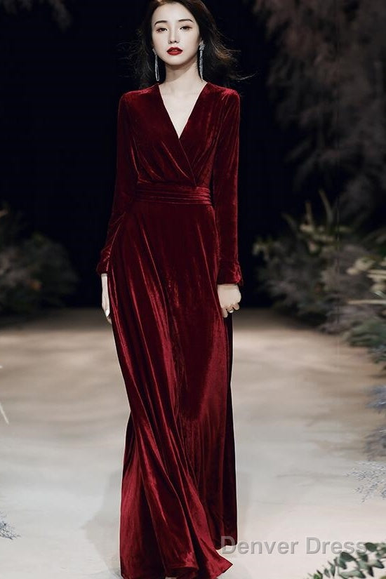 Charming Velvet V-Neckline Simple Long Bridesmaid Dress, Long Sleeves A-Line Prom Dresses