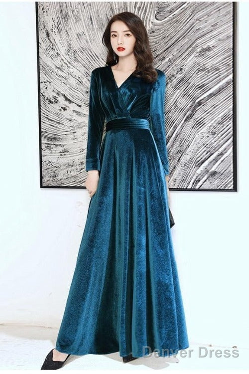 Charming Velvet V-Neckline Simple Long Bridesmaid Dress, Long Sleeves A-Line Prom Dresses Main image