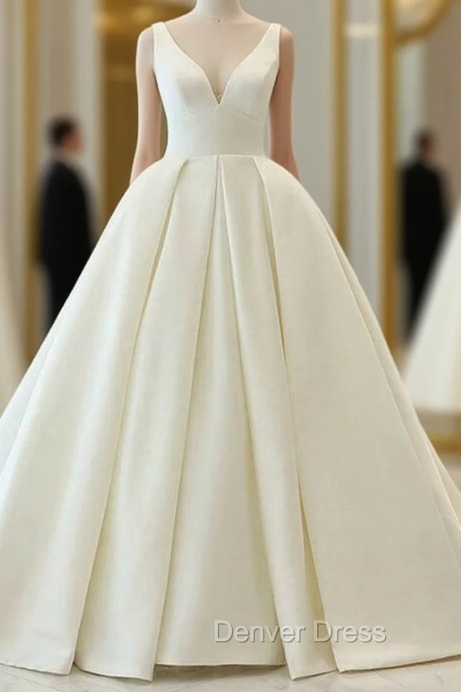 Charming White Ball Gowns Satin V Neck Backless Wedding Dresses